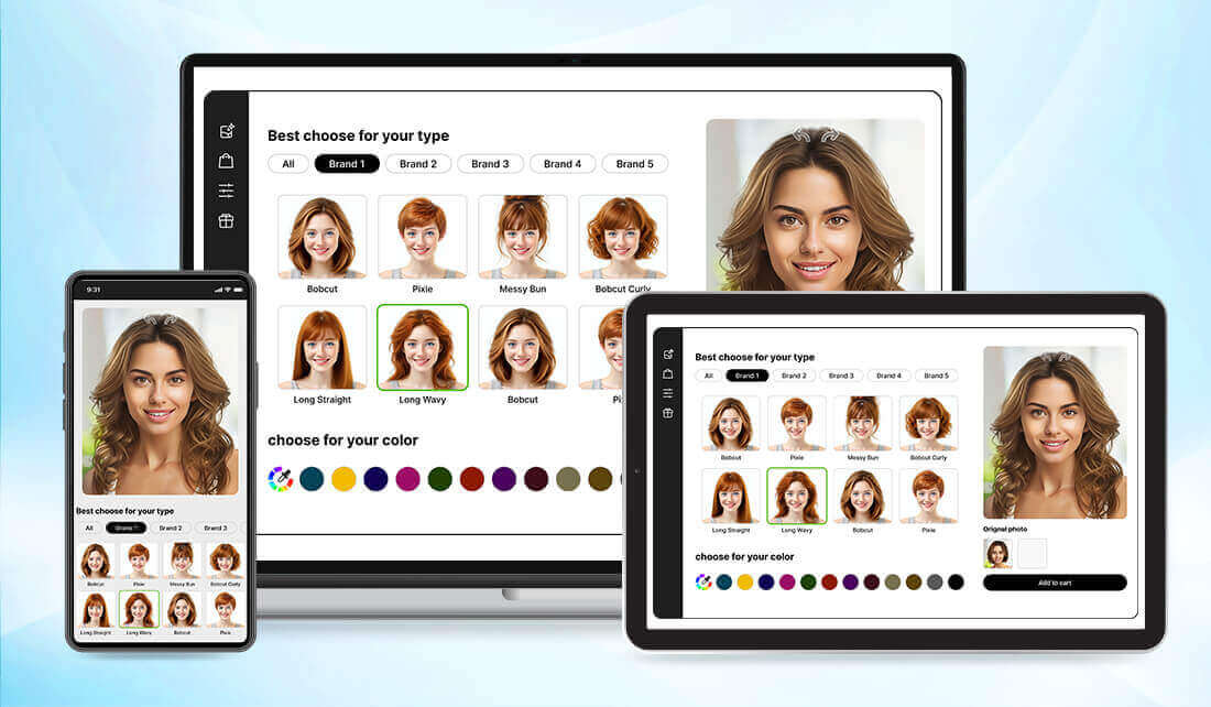 Perfect Corp. virtual wig try-on demo showing hairstyle selection menu and live AI wig preview
