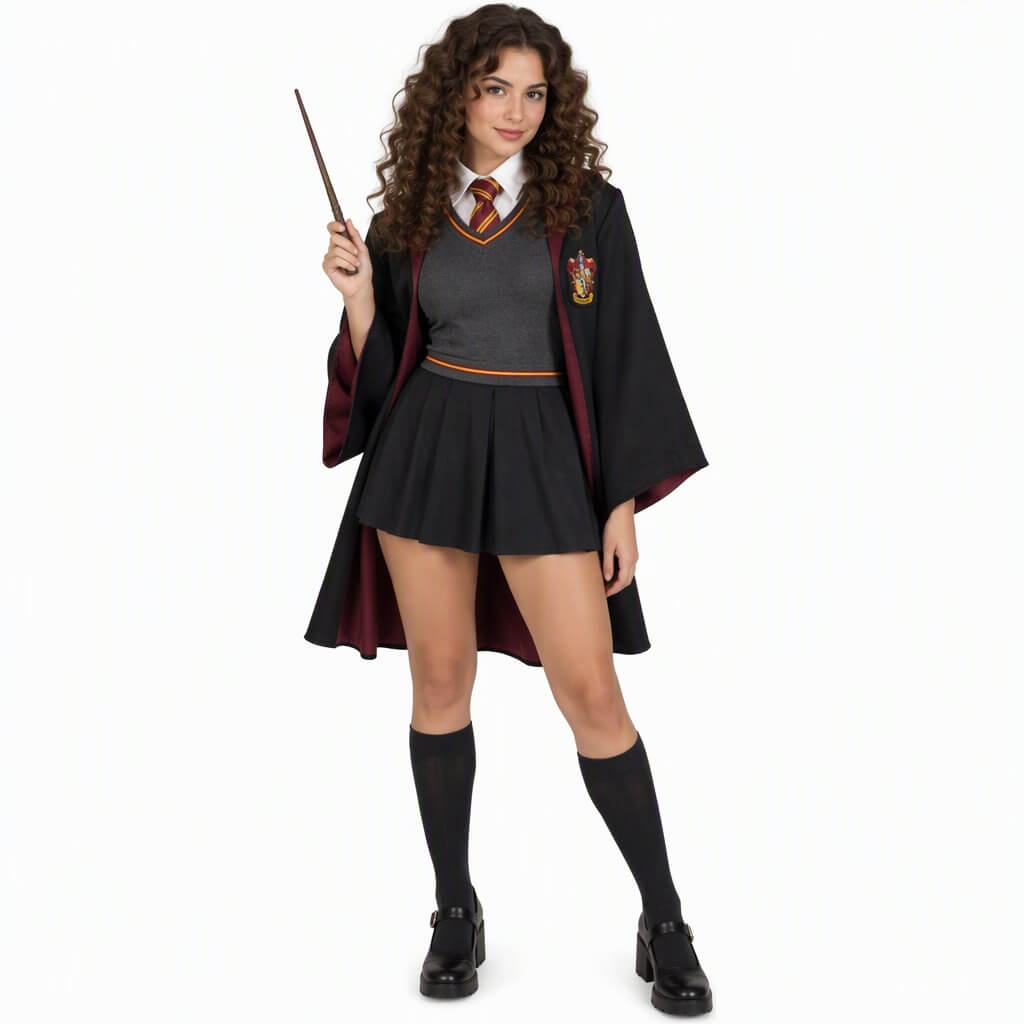 Hermione Granger con cabello rizado y uniforme de Hogwarts