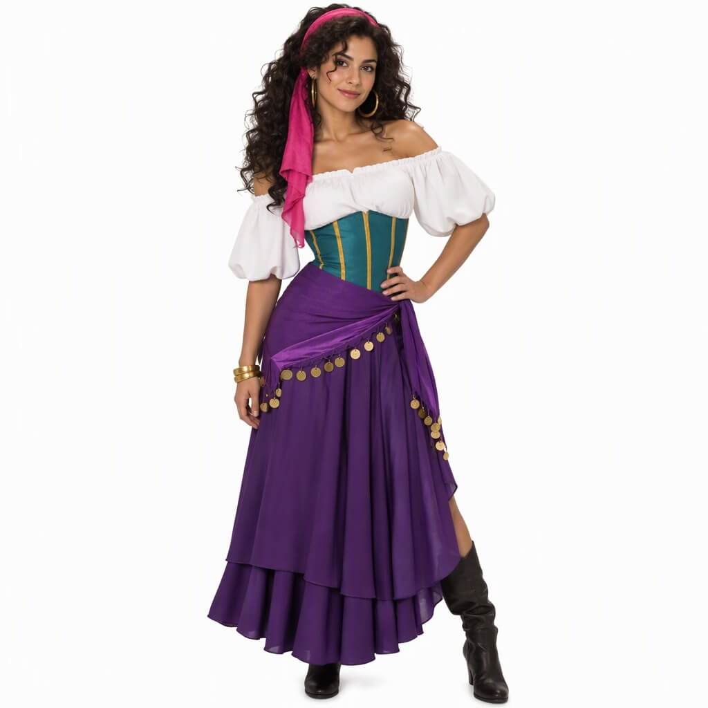 Esmeralda con cabello rizado y vestido inspirado en el personaje