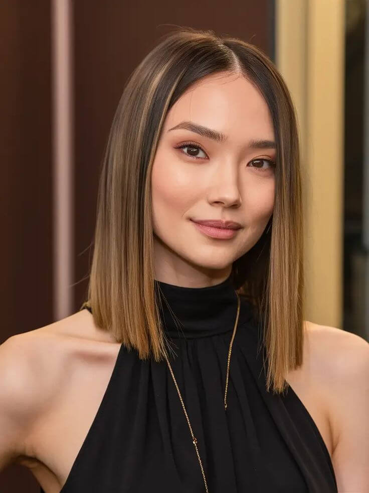 Sleek straight hair with a center part on a diamond face shape