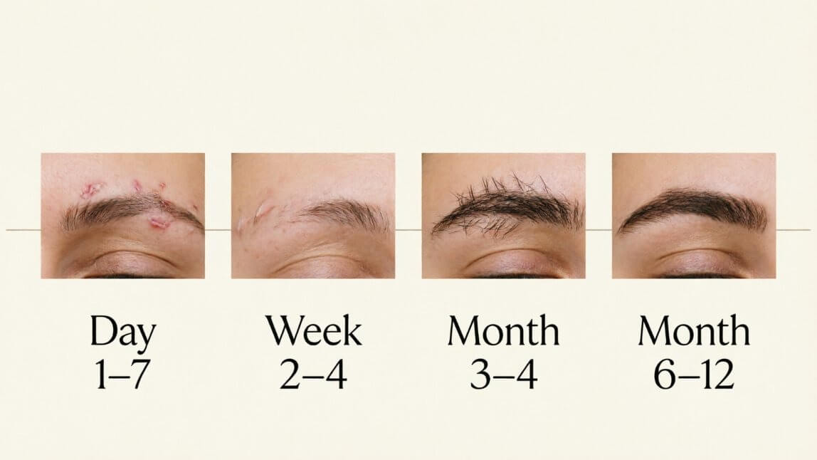 Eyebrow transplant recovery timeline from day 1 to month 12
