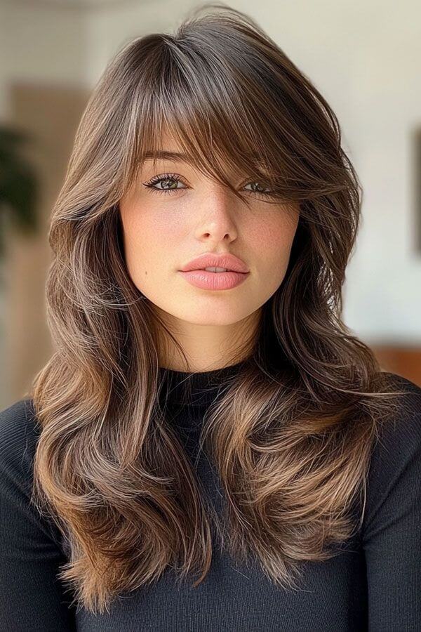 Long hair with side-swept bangs for a diamond face shape