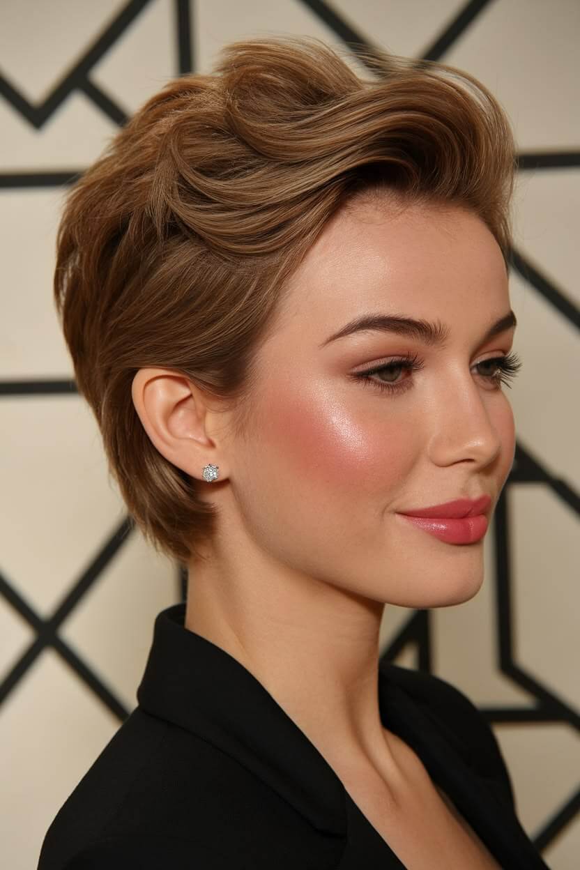Slicked-back pixie on a diamond face shape