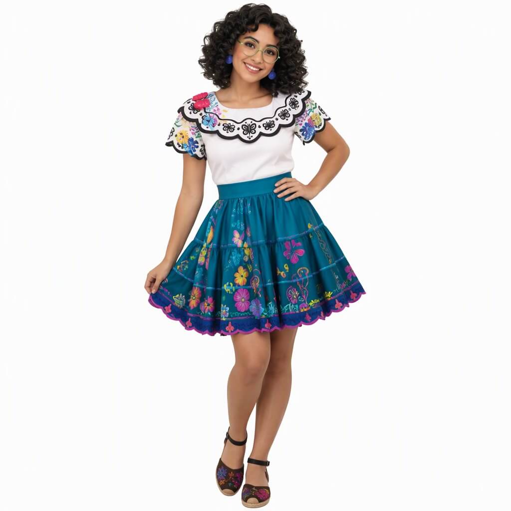 Mirabel Madrigal con cabello rizado y vestido colorido