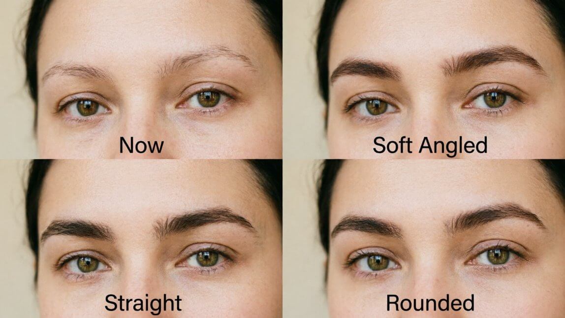 Virtual eyebrow try-on comparing soft angled, straight and rounded brows