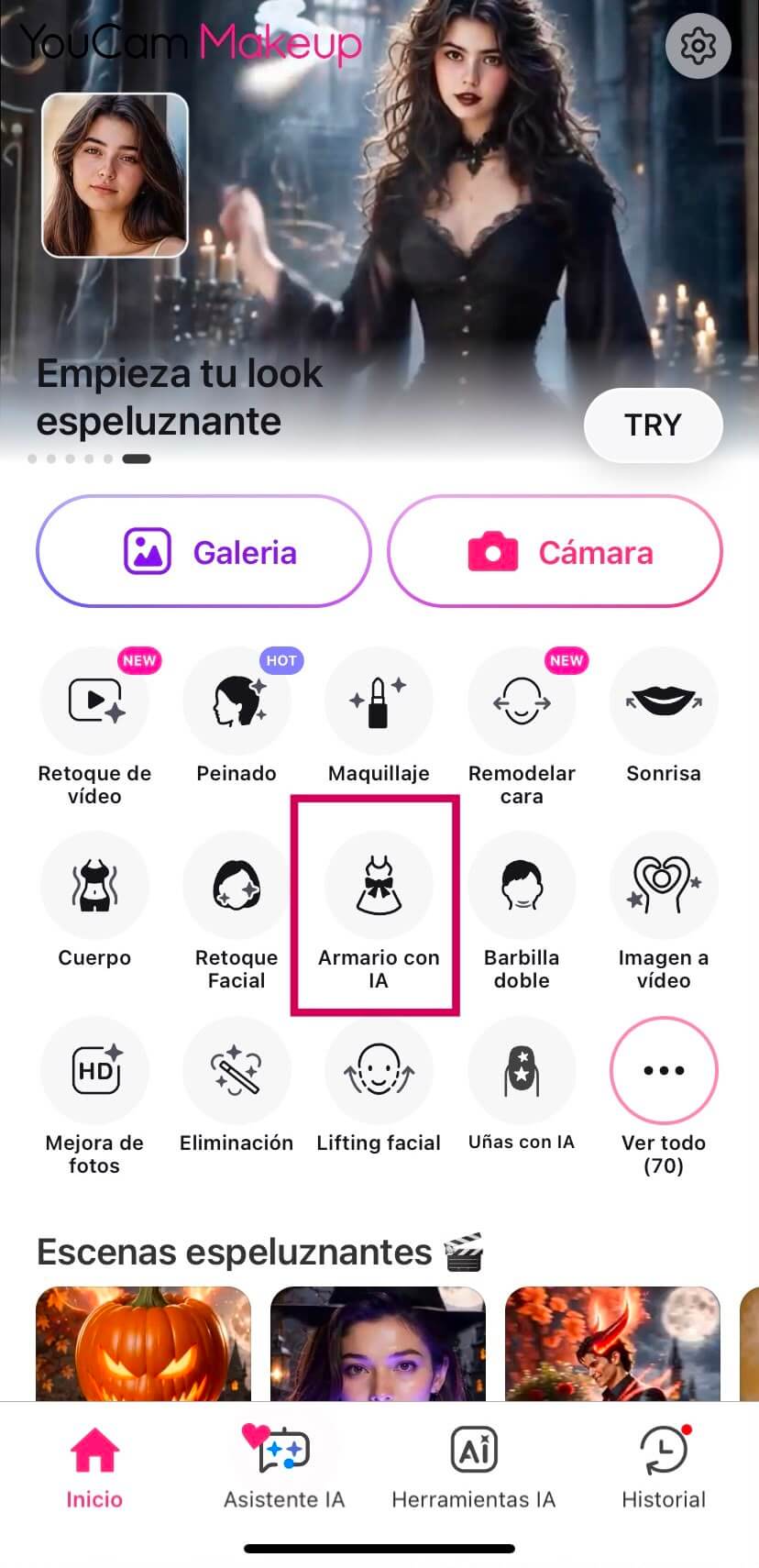 Armario IA de YouCam Makeup para probar disfraces de Halloween