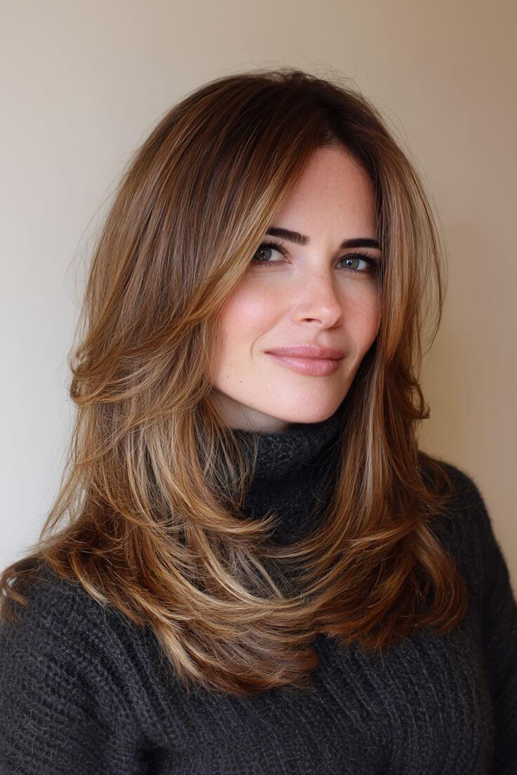 Long layers with a side part for a diamond face shape