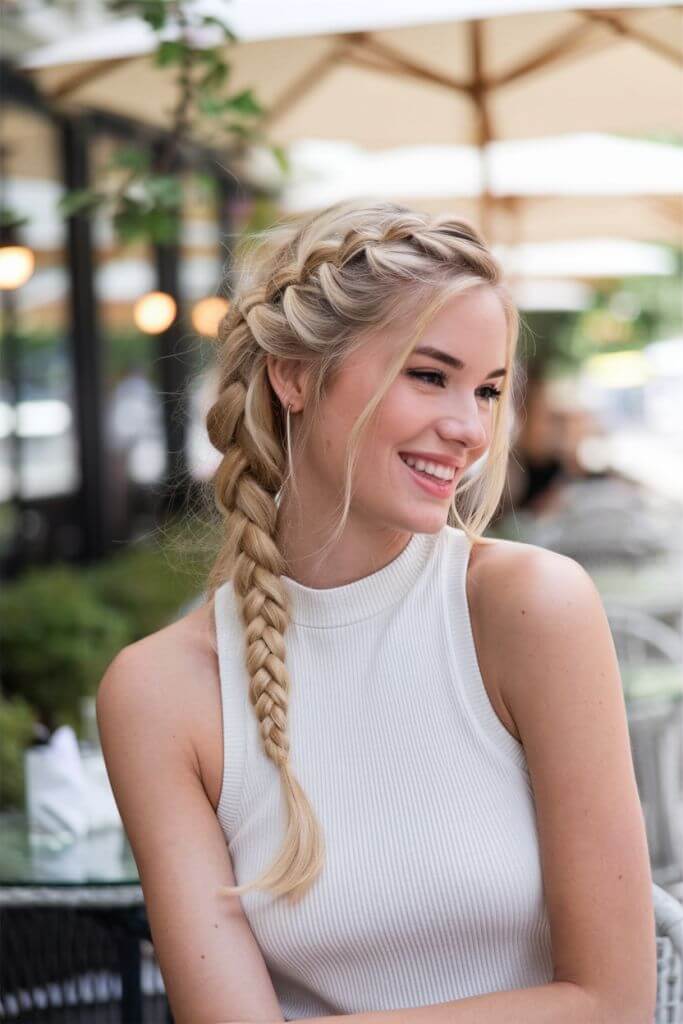 Long straight hair with a side braid for a diamond face shape