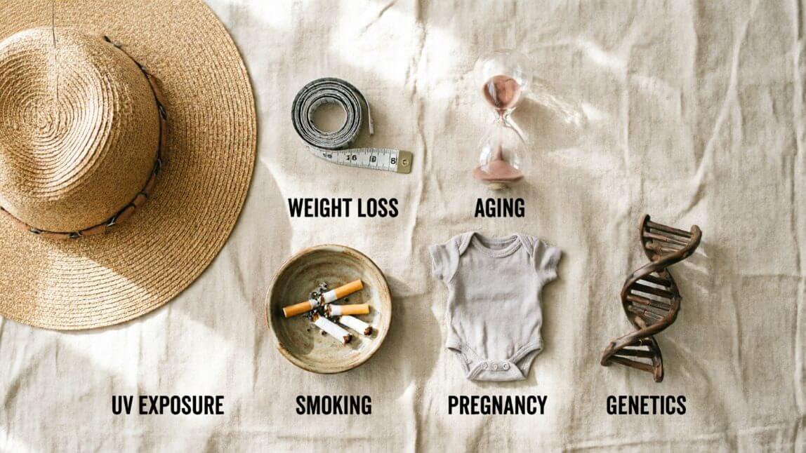 Common causes of loose skin: UV exposure, weight loss, aging, smoking, pregnancy, genetics