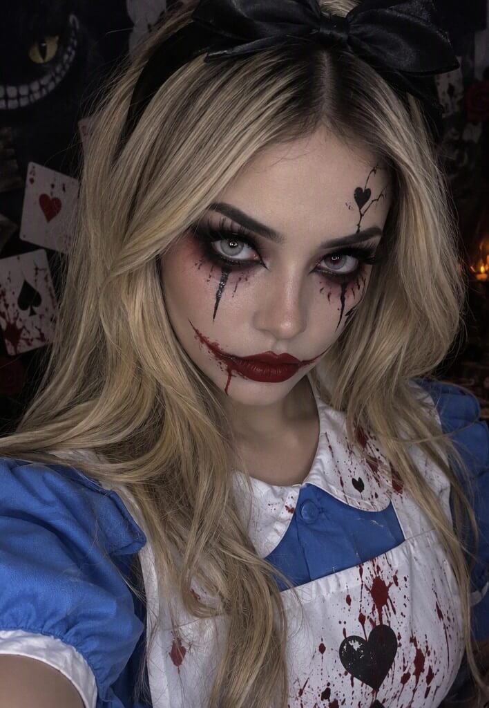 Alicia siniestra: Maquillaje de Alicia en el País de las Maravillas para Halloween con ojeras marcadas y corazones en la mejilla