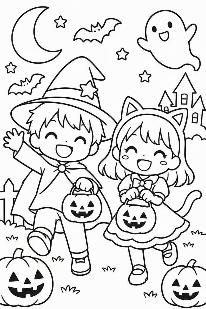 子供向けのかわいいハロウィン塗り絵