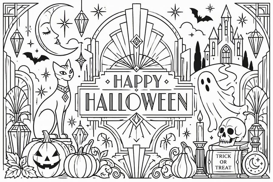 大人向けおしゃれなハロウィンぬりえ無料素材横向き