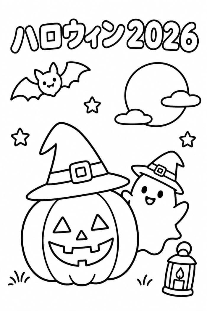 高齢者向けの簡単なハロウィン塗り絵無料素材縦向き