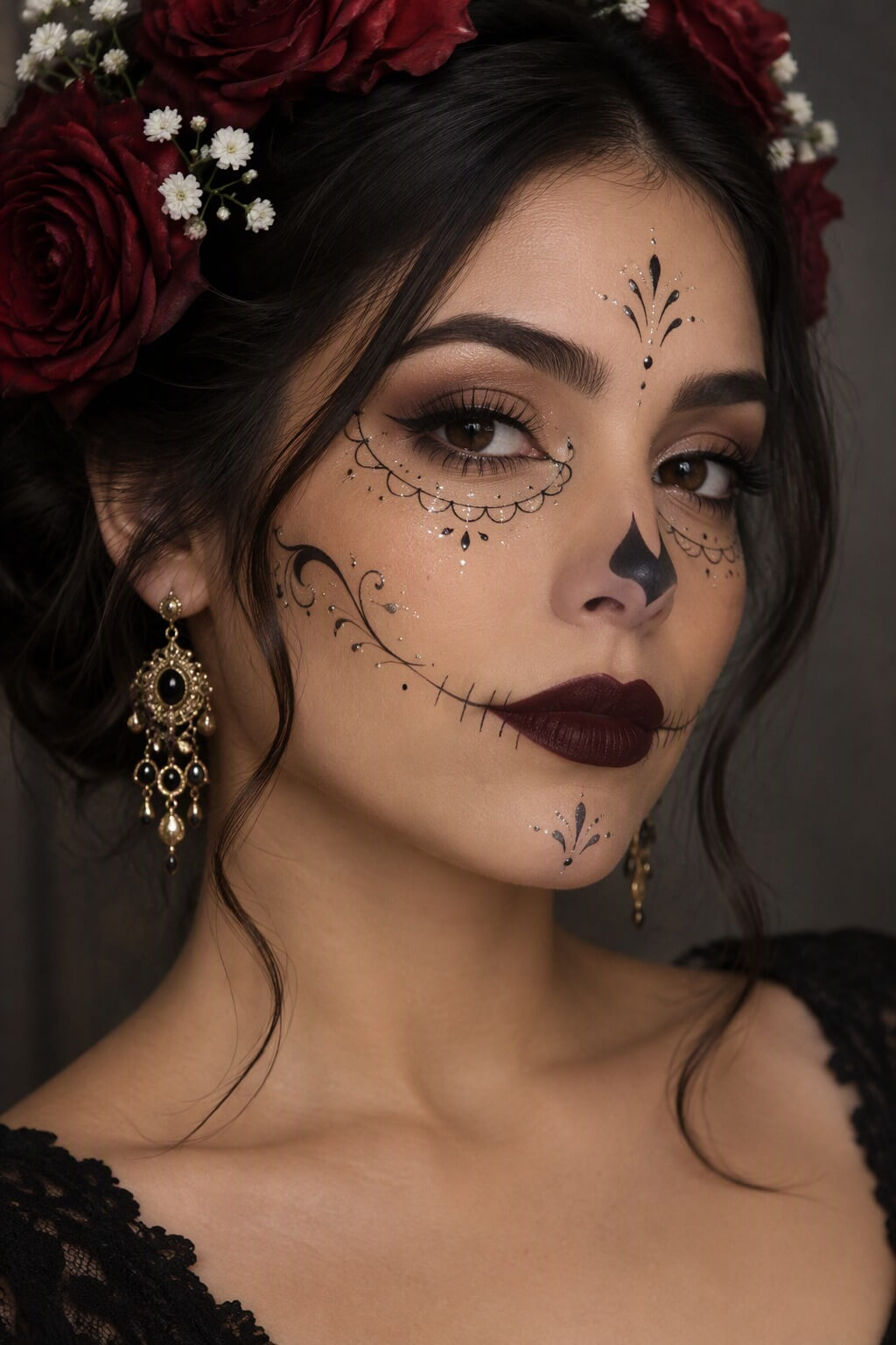 Catrina elegante: Maquillaje de catrina elegante con líneas finas, brillos y labios oscuros