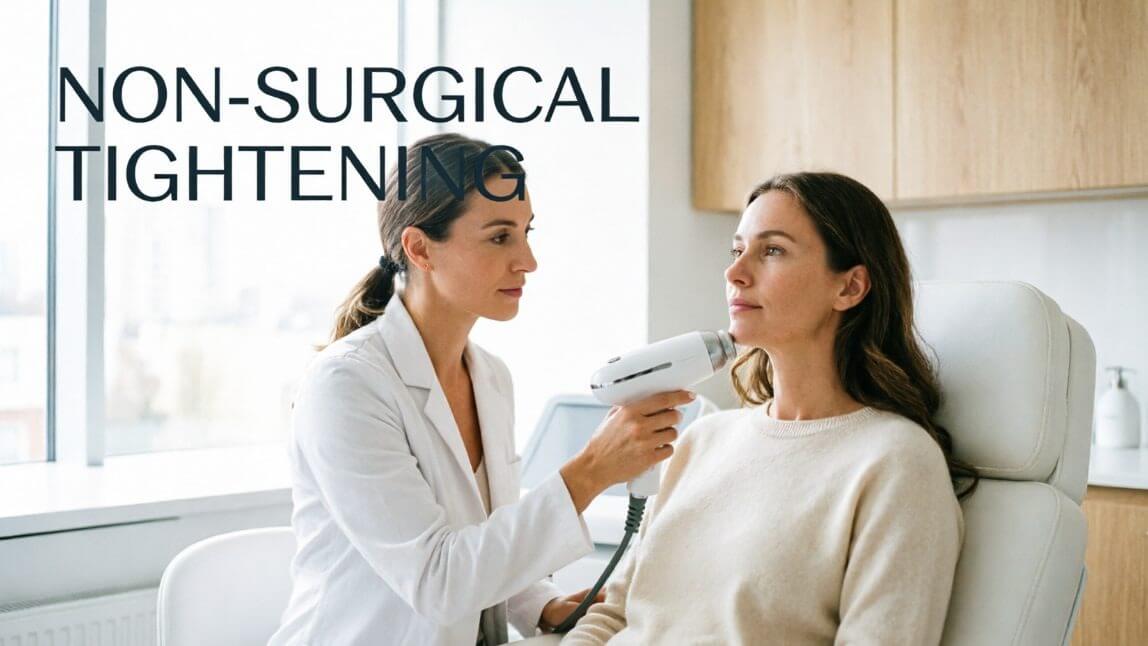 Dermatologist performing non-surgical radiofrequency skin tightening on the jawline