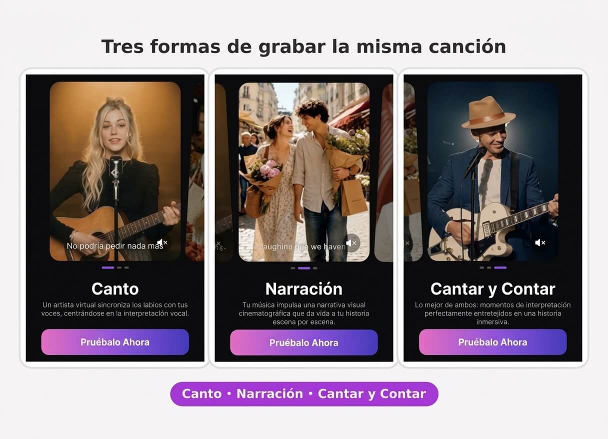 Tipos de video musical con IA en YouCam Muse: Singing, Storytelling y Sing & Story