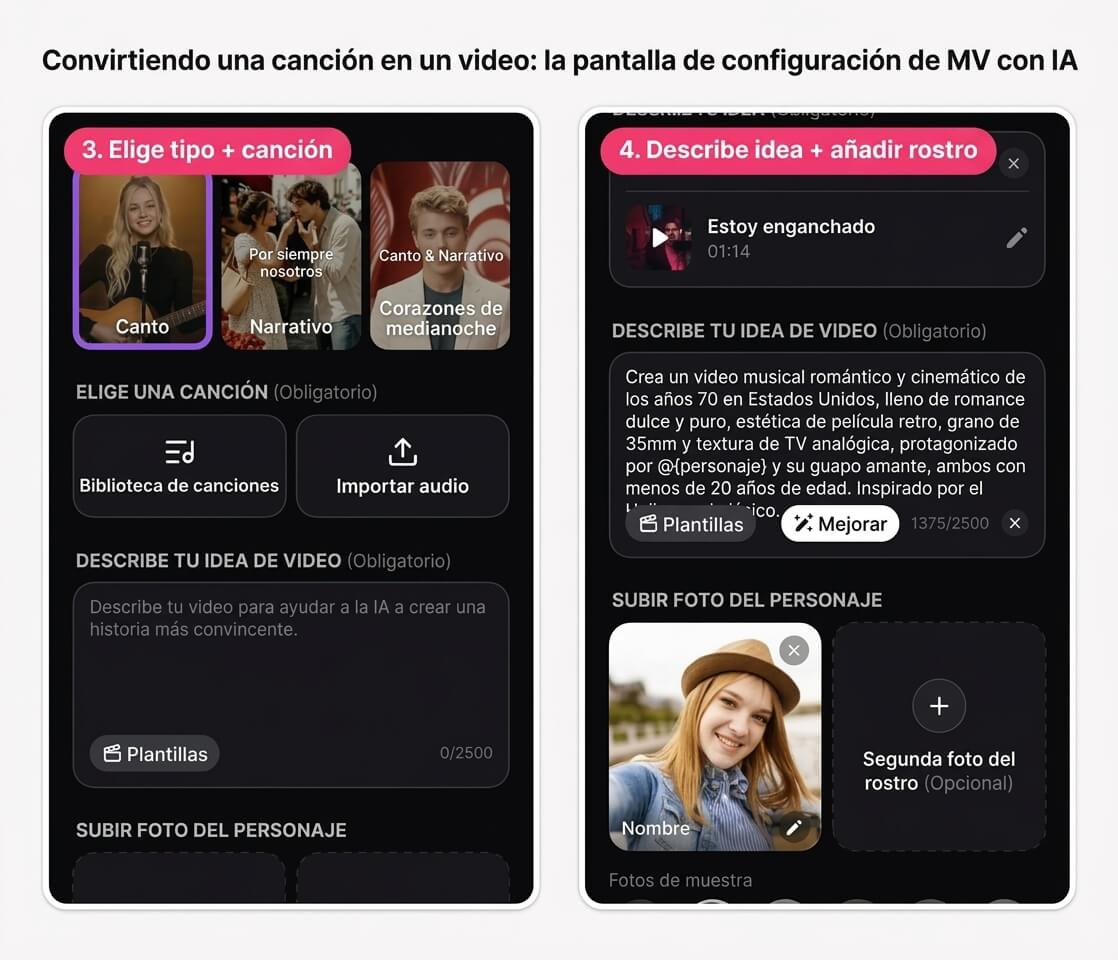 Cómo crear un video musical con IA en YouCam Muse: pantalla de inicio con los botones Music Video y AI Song y vista previa del modo Storytelling