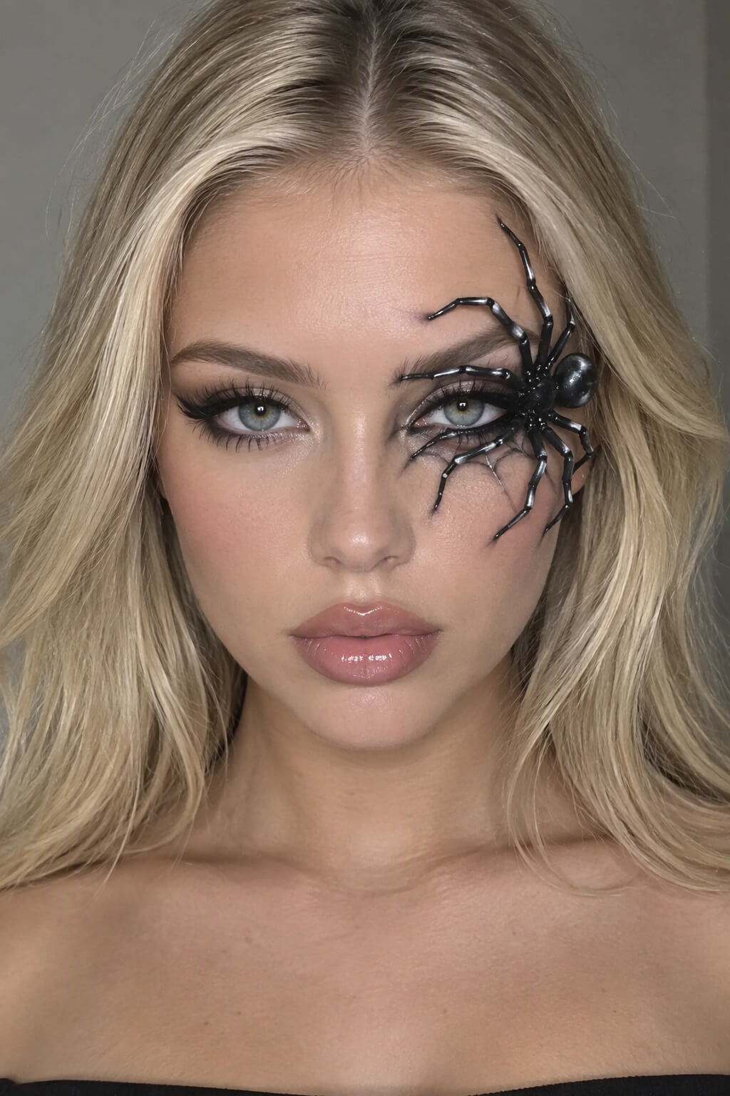 Araña en el ojo: Maquillaje de araña en el ojo con patas dibujadas con delineador negro hacia las cejas