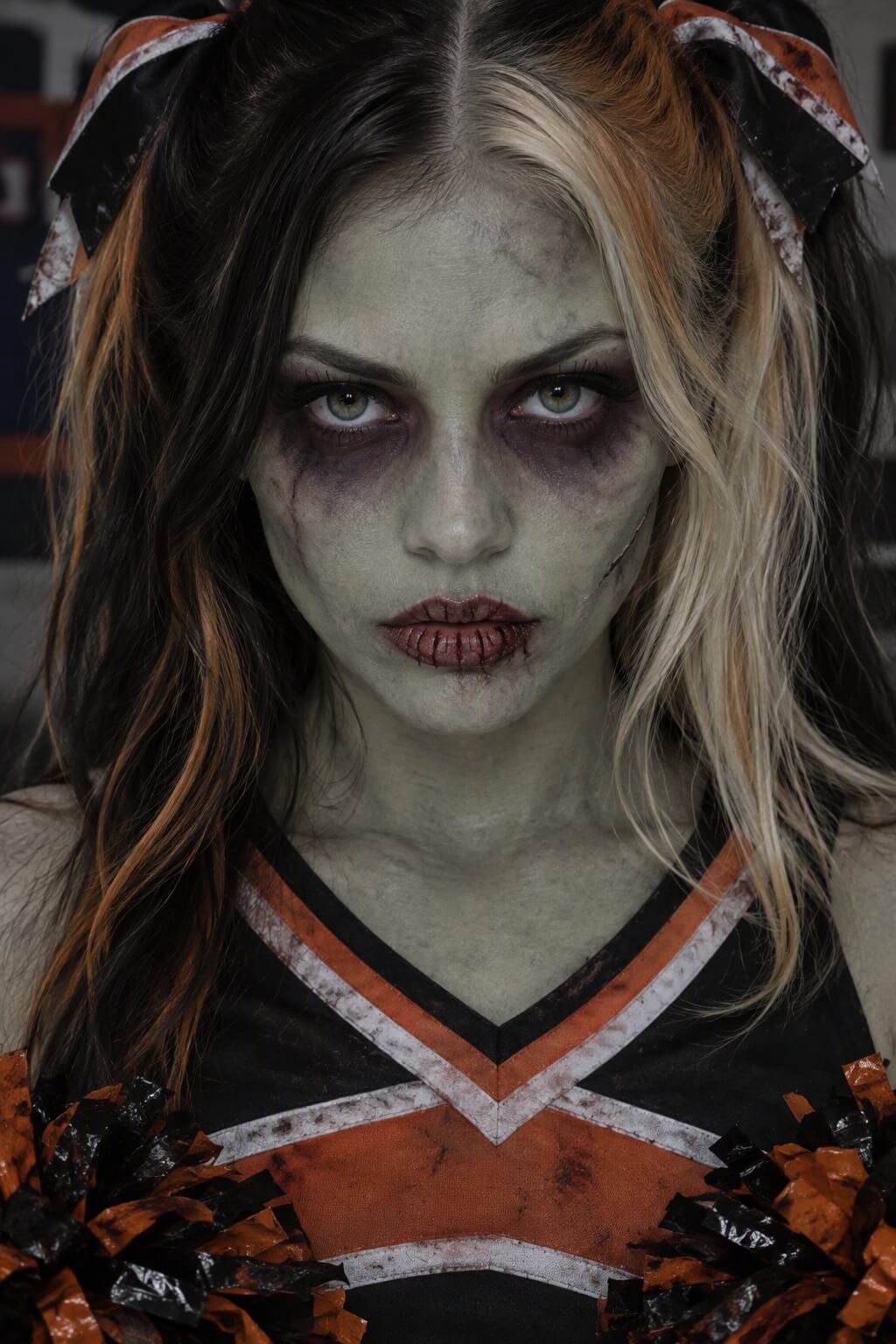 Animadora zombie: Maquillaje de animadora zombie con piel grisácea, heridas falsas y ojeras exageradas