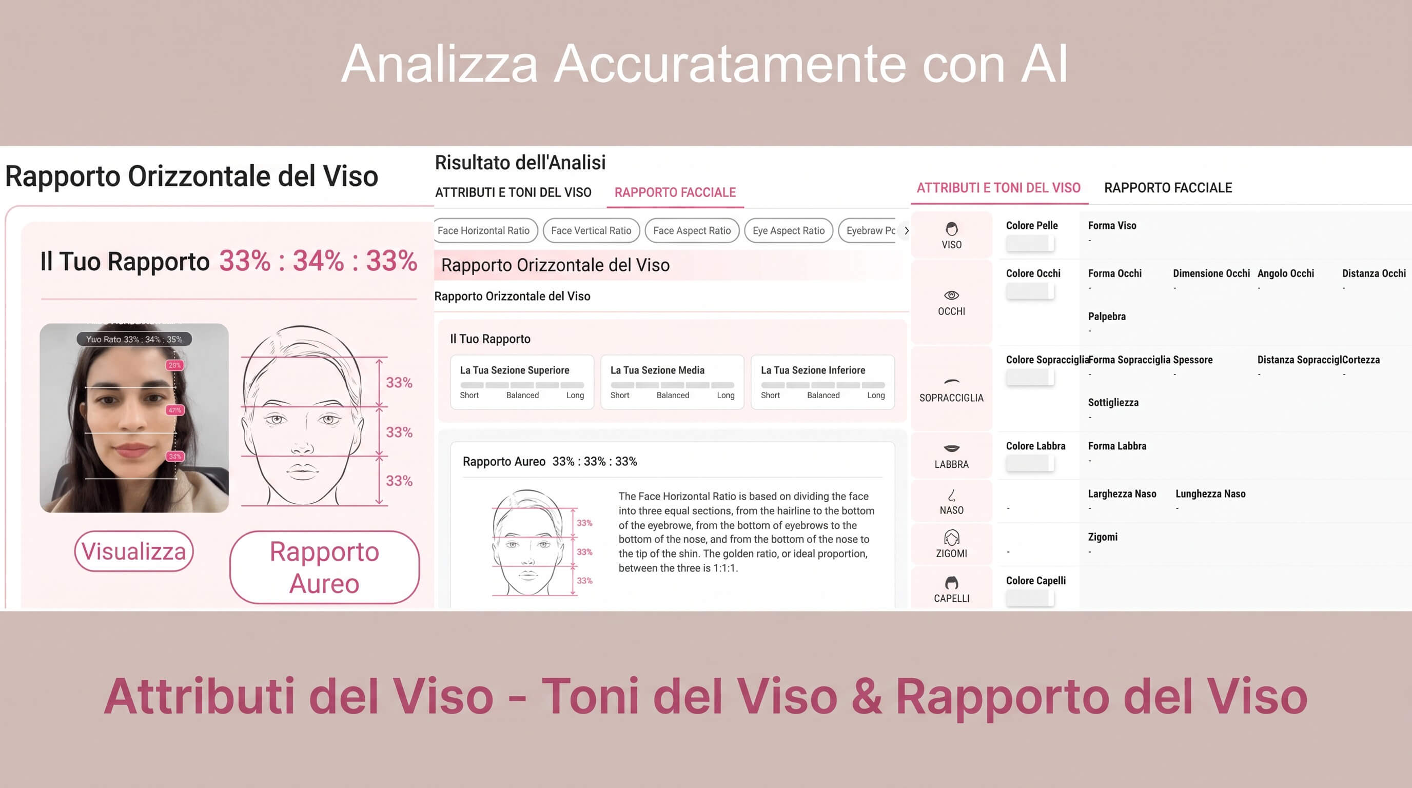 Face shape test AI Interfaccia di analisi forma del viso con test AI che mostra il rapporto orizzontale del viso e i risultati relativi agli attributi facciali.