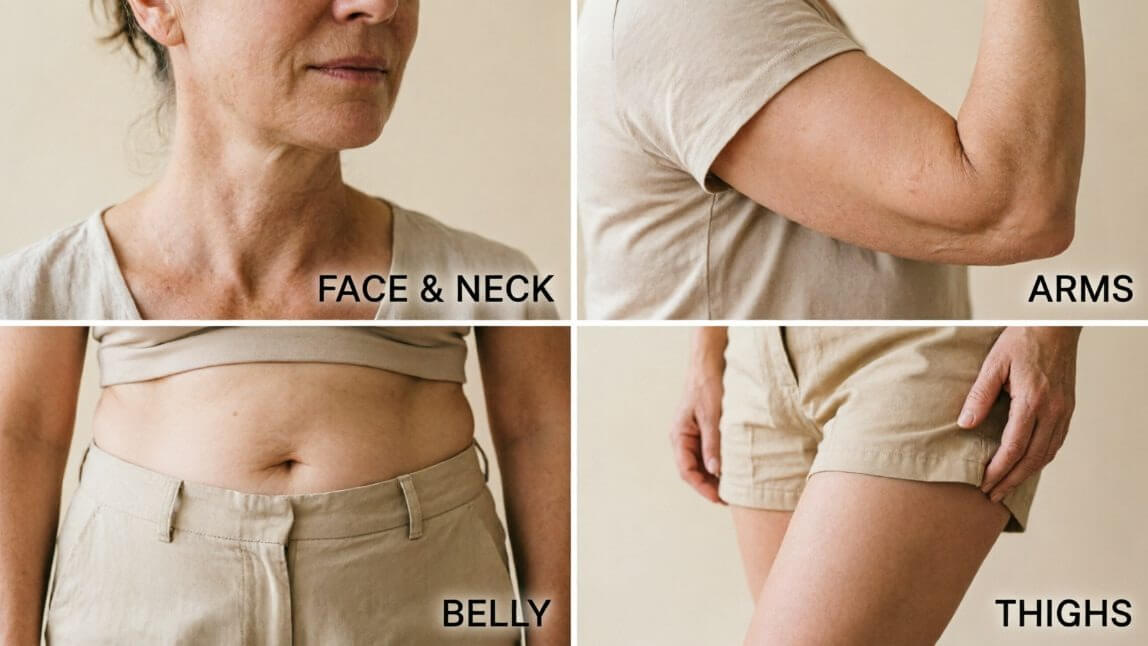 Where loose skin shows up most: face and neck, arms, belly, thighs