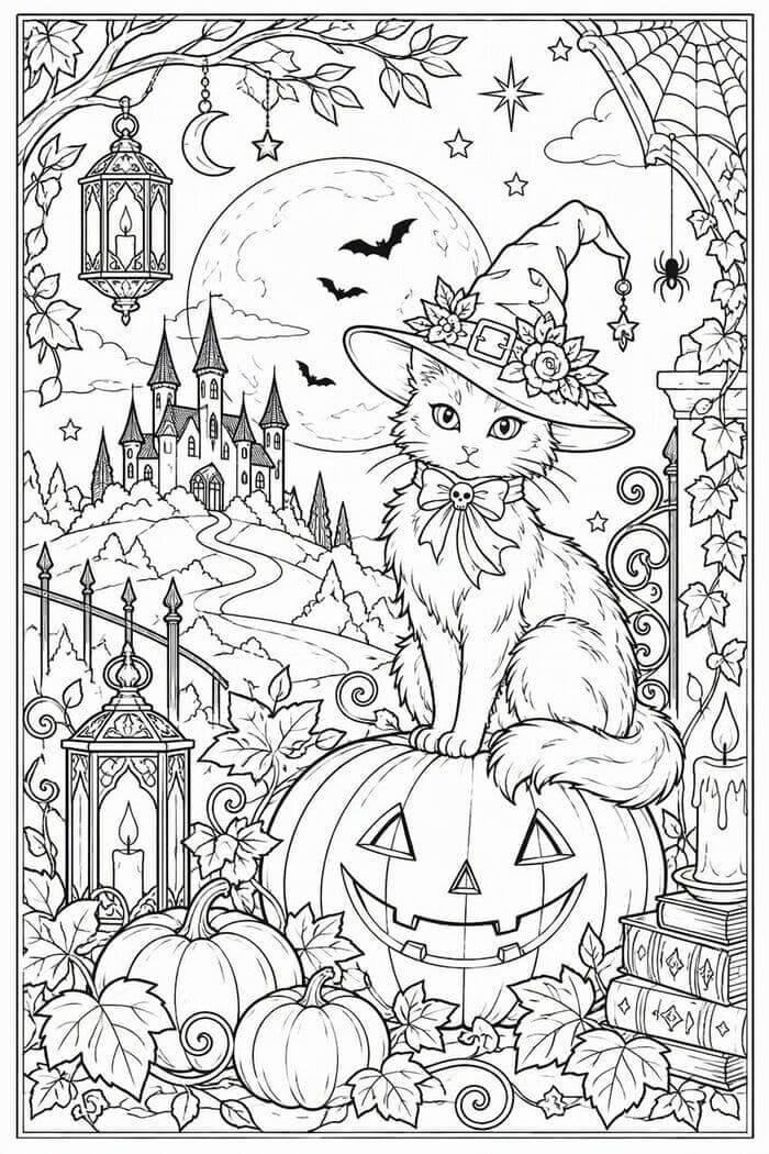 大人向けおしゃれなハロウィンぬりえ無料素材