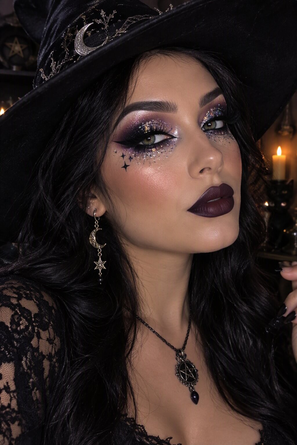 Bruja glam: Maquillaje de bruja glam para Halloween con sombras moradas, labios burdeos y brillos en la cara