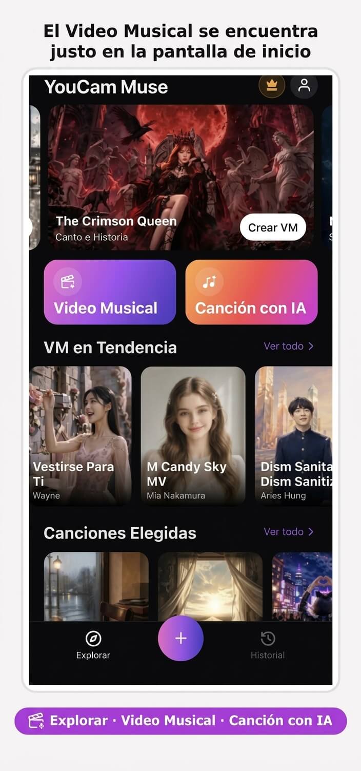 Pantalla de inicio de YouCam Muse con Music Video junto a AI Song