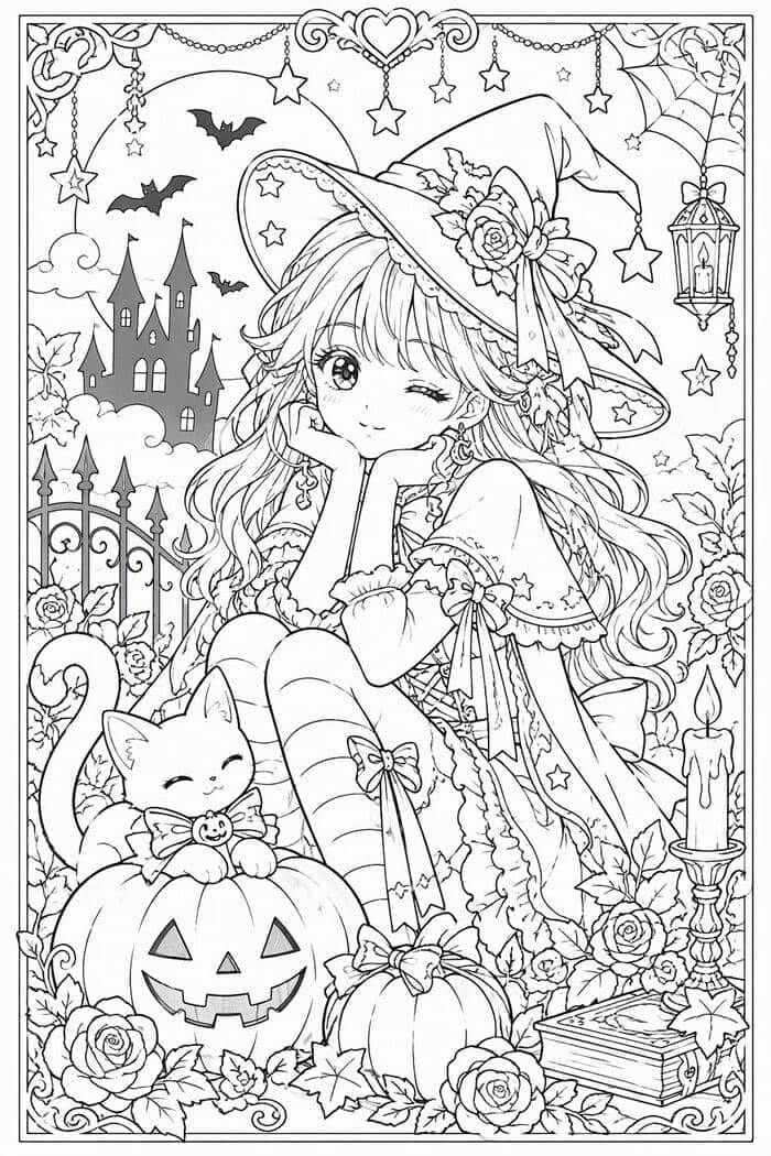 大人向けおしゃれなハロウィンぬりえ無料素材～少女漫画風