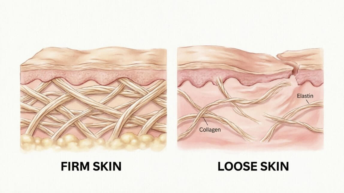 Firm skin vs loose skin cross-section showing collagen and elastin fibers