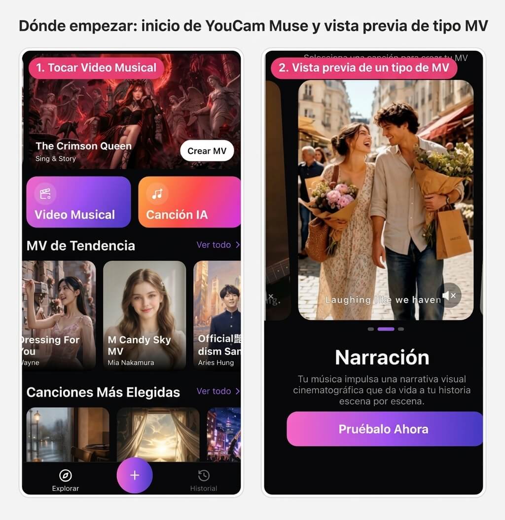 Cómo crear un video musical con IA en YouCam Muse: pantalla de inicio con los botones Music Video y AI Song y vista previa del modo Storytelling