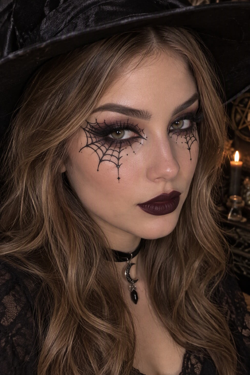 Bruja con telarañas: Maquillaje de bruja con telarañas negras finas dibujadas en mejilla y frente