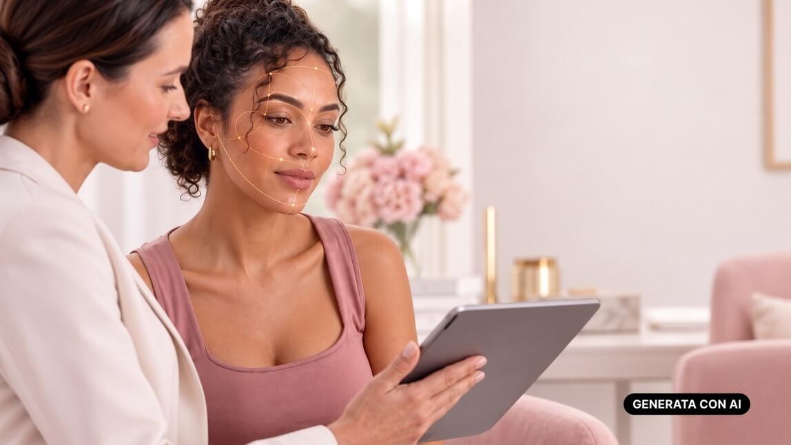 Aesthetic practitioner and client reviewing facial proportion analysis on a tablet during a consultation.