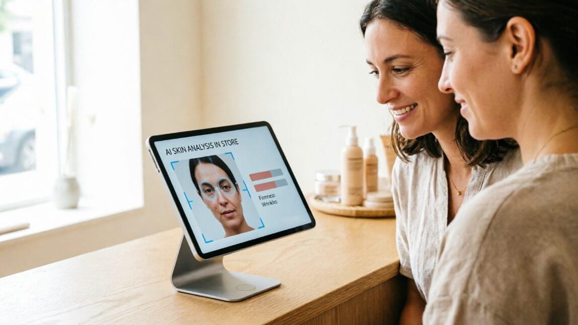 AI skin analysis kiosk measuring firmness in a skincare store