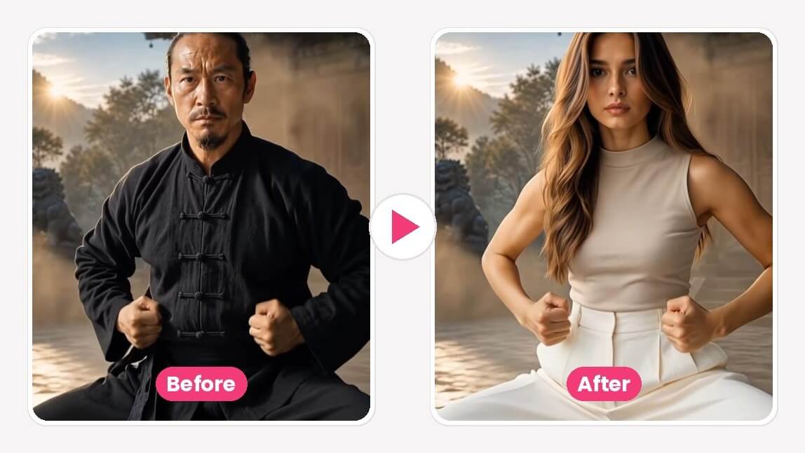 AI character replacement before and after: a kung fu performer replaced by a new character holding the same stance
