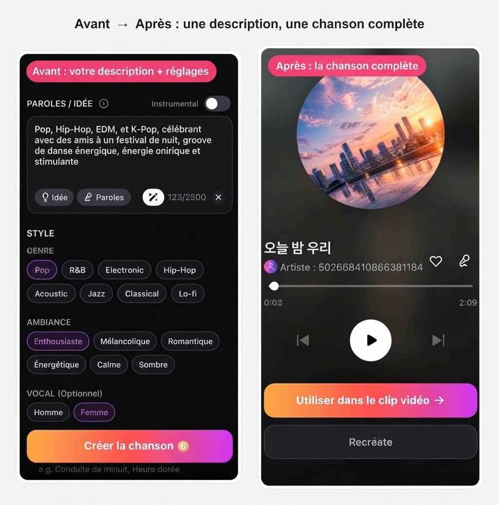 Avant / après dans YouCam Muse Chanson IA : l'écran Personnaliser avec un prompt de festival pop, le genre Pop, une ambiance positive et une voix féminine sélectionnée, à côté du résultat final, une chanson de 2:09 intitulée 오늘 밤 우리