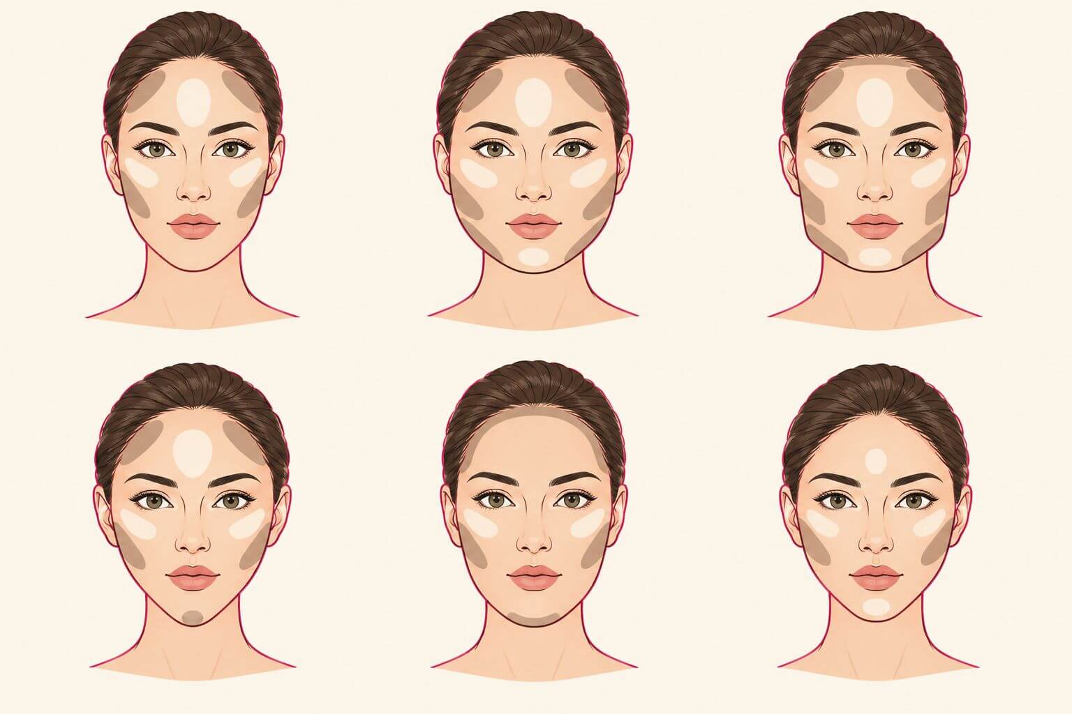 Contour face shape chart showing contour and highlight placement for oval, round, square, heart, oblong and diamond faces Contour face shape chart showing contour and highlight placement for oval, round, square, heart, oblong and diamond faces