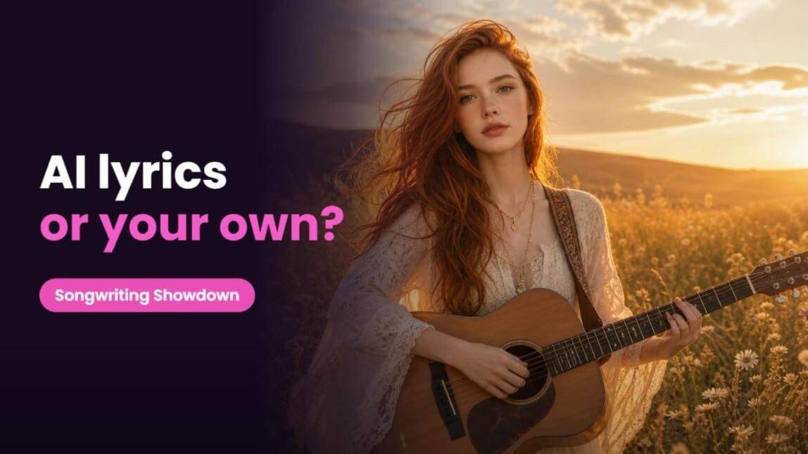 AI lyrics generator vs writing your own cover: a woman playing acoustic guitar in a sunset field, from an AI-generated music video