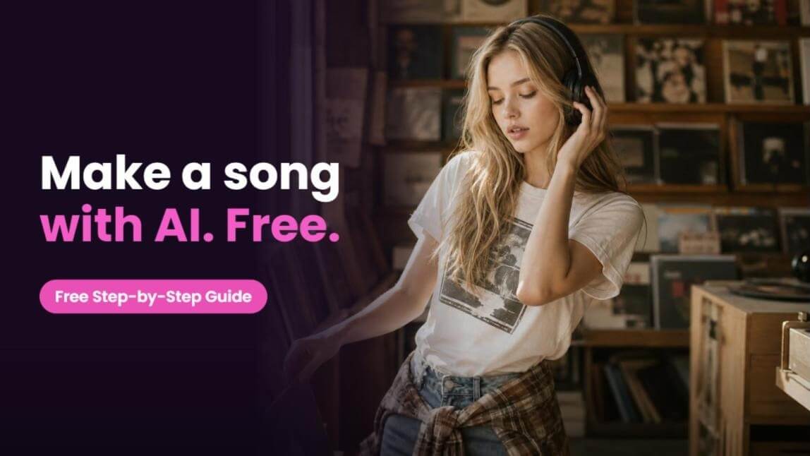 Make a song with AI for free cover: a woman with headphones in a record shop, from an AI-generated music video