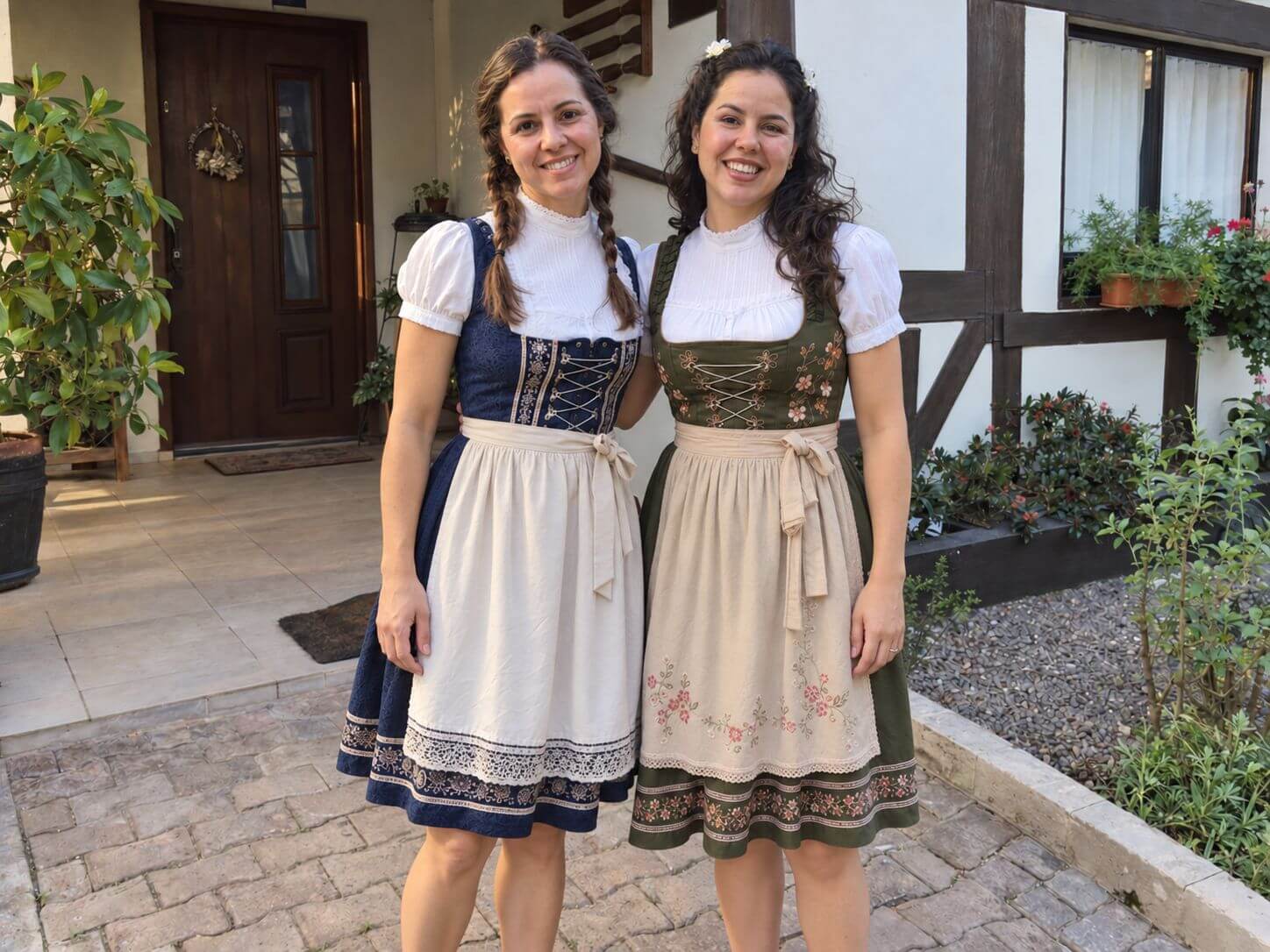 Duas mulheres com vestidos azul e verde inspirados em Dirndl, uma com duas tranças e outra com cabelo semipreso com flores, em frente a uma casa.