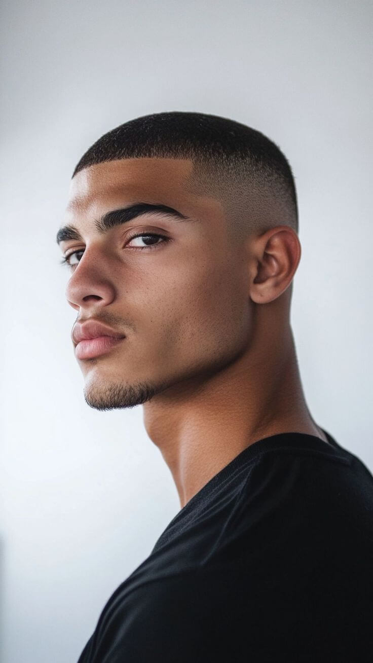 Buzz Cut Man with an oval face wearing a short buzz cut