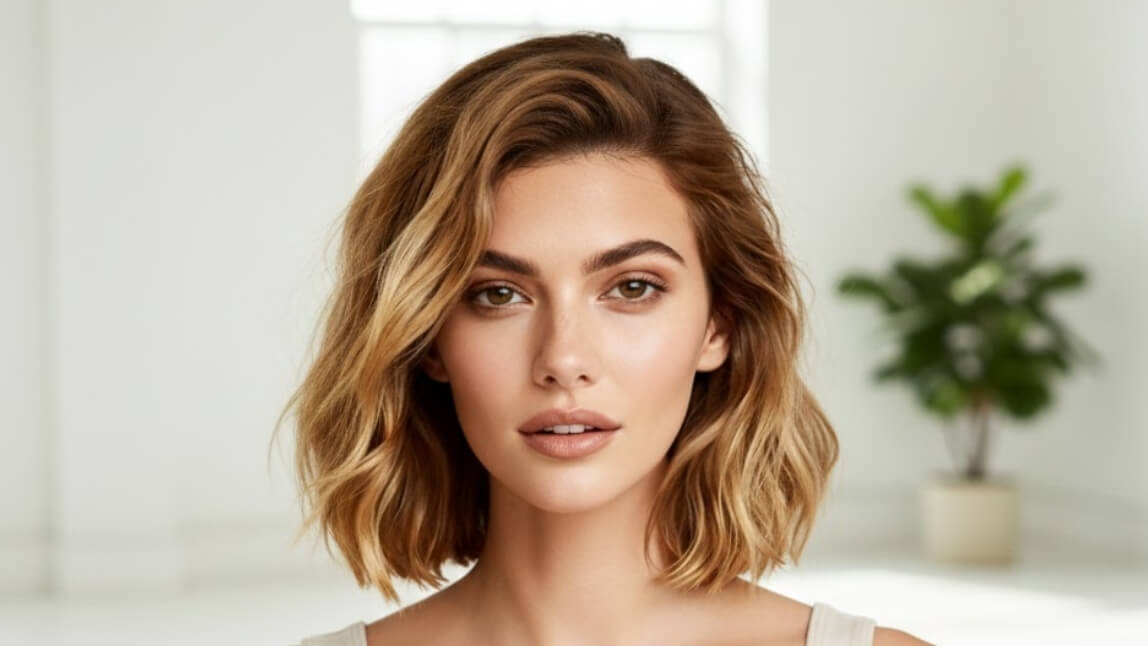 Layered haircut for round face Layered medium haircut with layers starting below the cheekbones