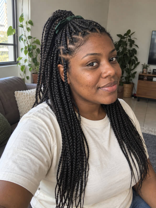Mulher negra com box braids em penteado semipreso e fita verde no alto da cabeça.