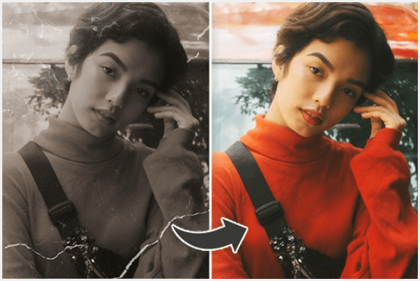 Restaurar foto de mujer YouCam Enhance restaurando una foto antigua en blanco y negro de una mujer en un auto, con vista antes y después