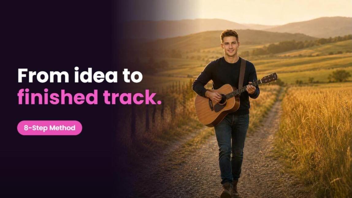How to write a song with AI cover: a man walking a country road with an acoustic guitar, from an AI-generated music video