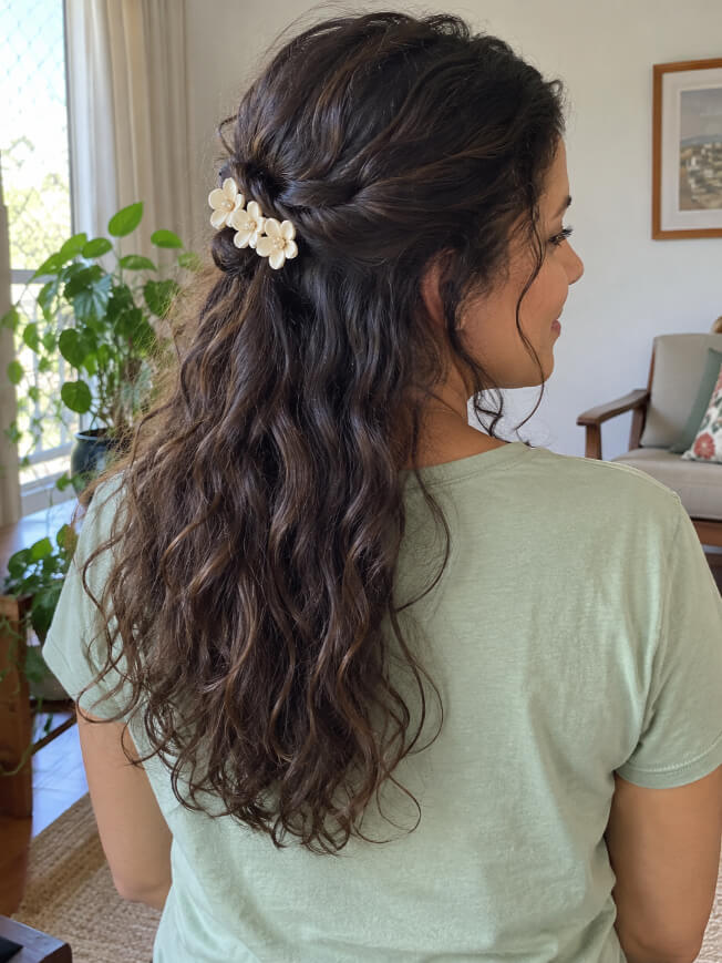 Cabelo longo ondulado em penteado semipreso, decorado com três pequenas flores claras.