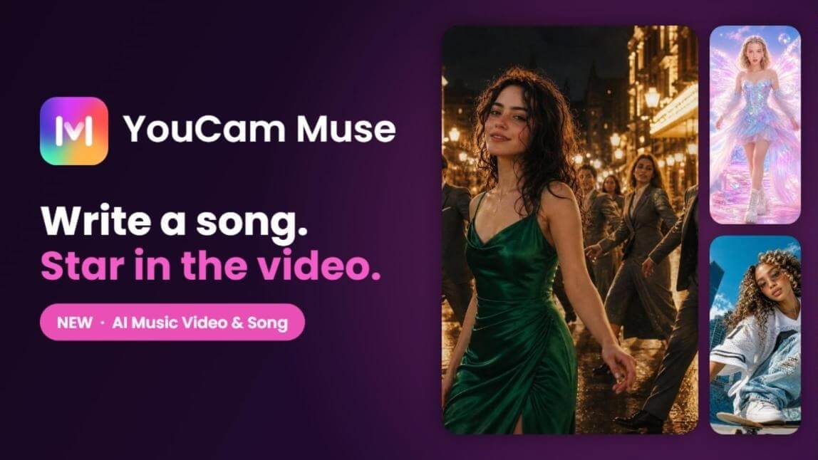 YouCam Muse AI music video and song generator cover: the YouCam Muse logo beside three music video frames made in YouCam Muse