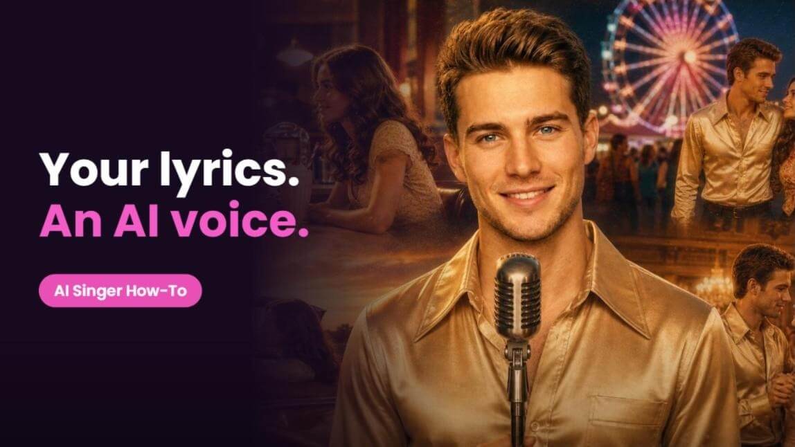 AI singer app cover: a retro singer at a vintage microphone, from an AI-generated music video