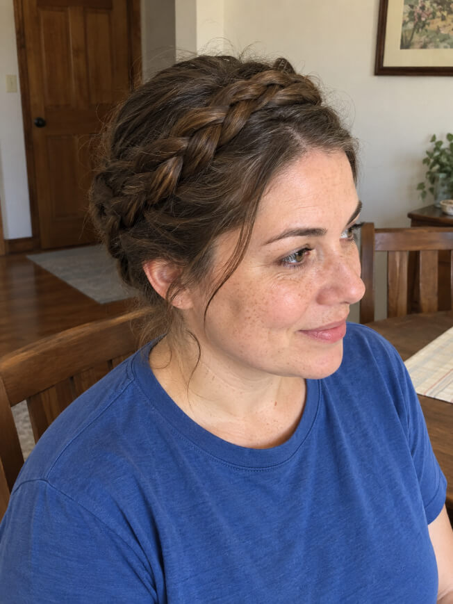 Mulher com coroa de tranças envolvendo a cabeça e algumas mechas soltas na frente.