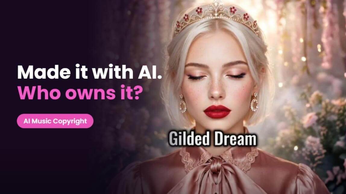 Is It Legal to Create AI Music cover: a frame from an AI-generated music video with the headline "Made it with AI. Who owns it?"